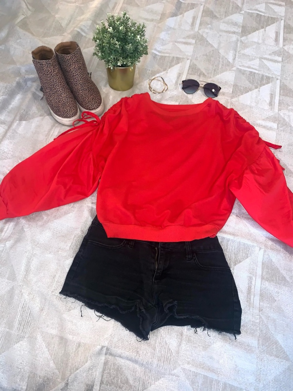 Kensie Red Drawstring Sleeve Crop Top